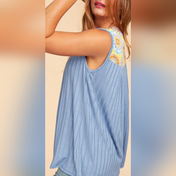 Plus Yellow & Denim Medallion Color Block Wide Rib Tank Top - Picture 6 of 8